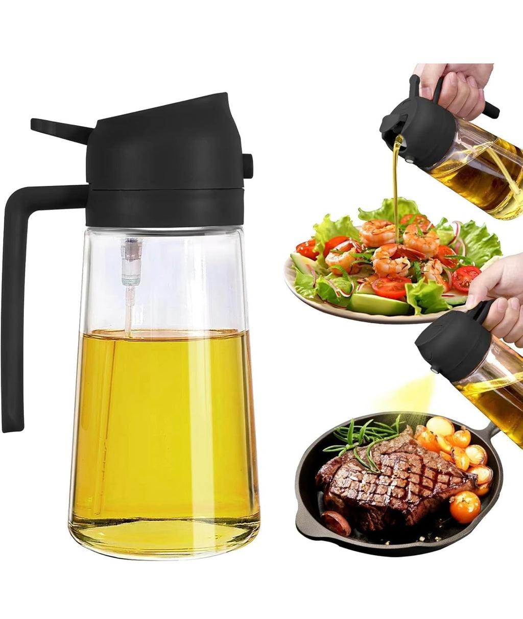 Glass Oil Sprayer and Dispenser Bottle, 500ml Capacity, 2-in-1 Design, Black