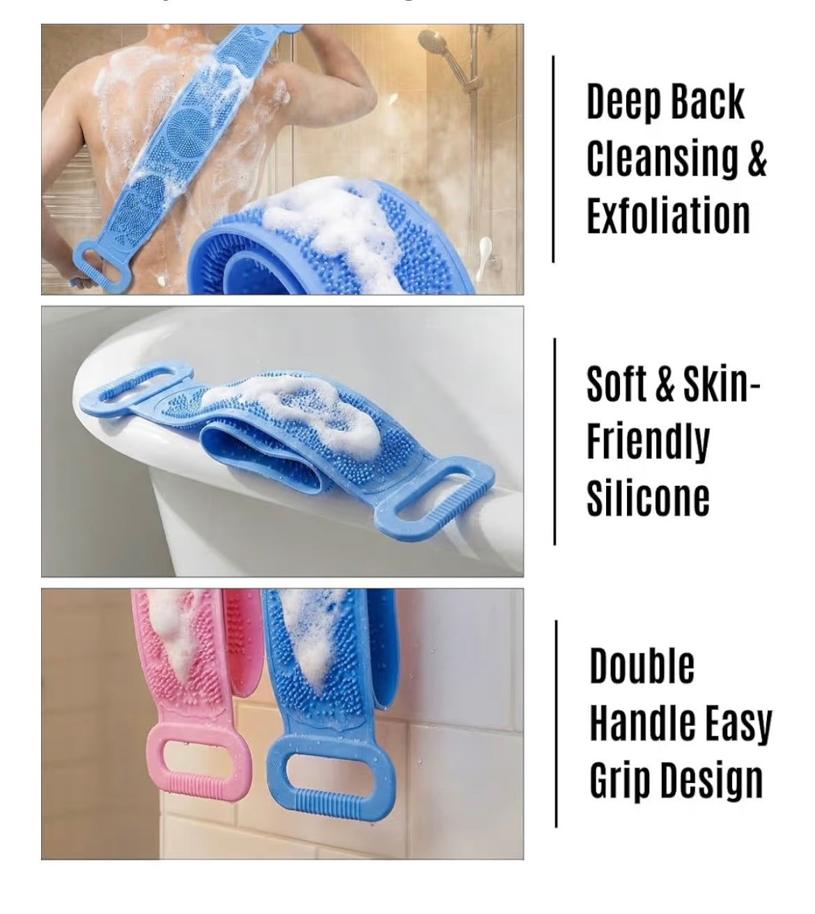 Silicone Back Scrubber Belt for Bath  Double Side Bathing Brush for Skin Deep Cleaning Massage,