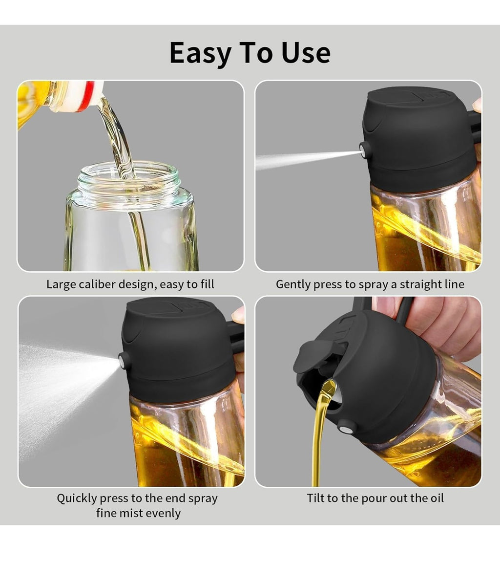Glass Oil Sprayer and Dispenser Bottle, 500ml Capacity, 2-in-1 Design, Black