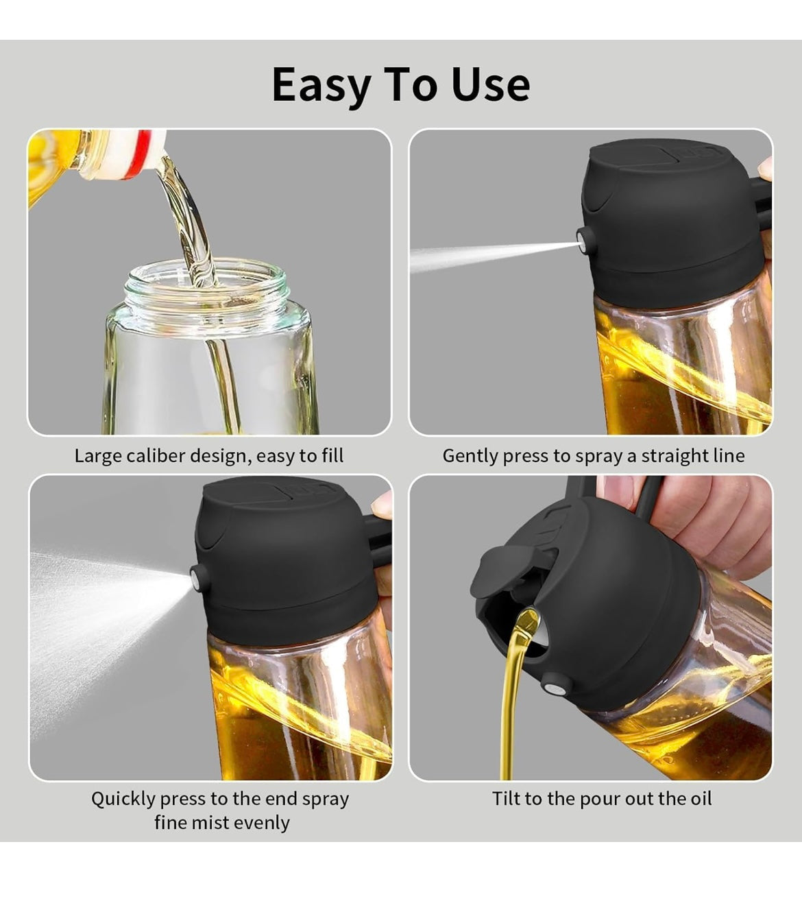 Glass Oil Sprayer and Dispenser Bottle, 500ml Capacity, 2-in-1 Design, Black