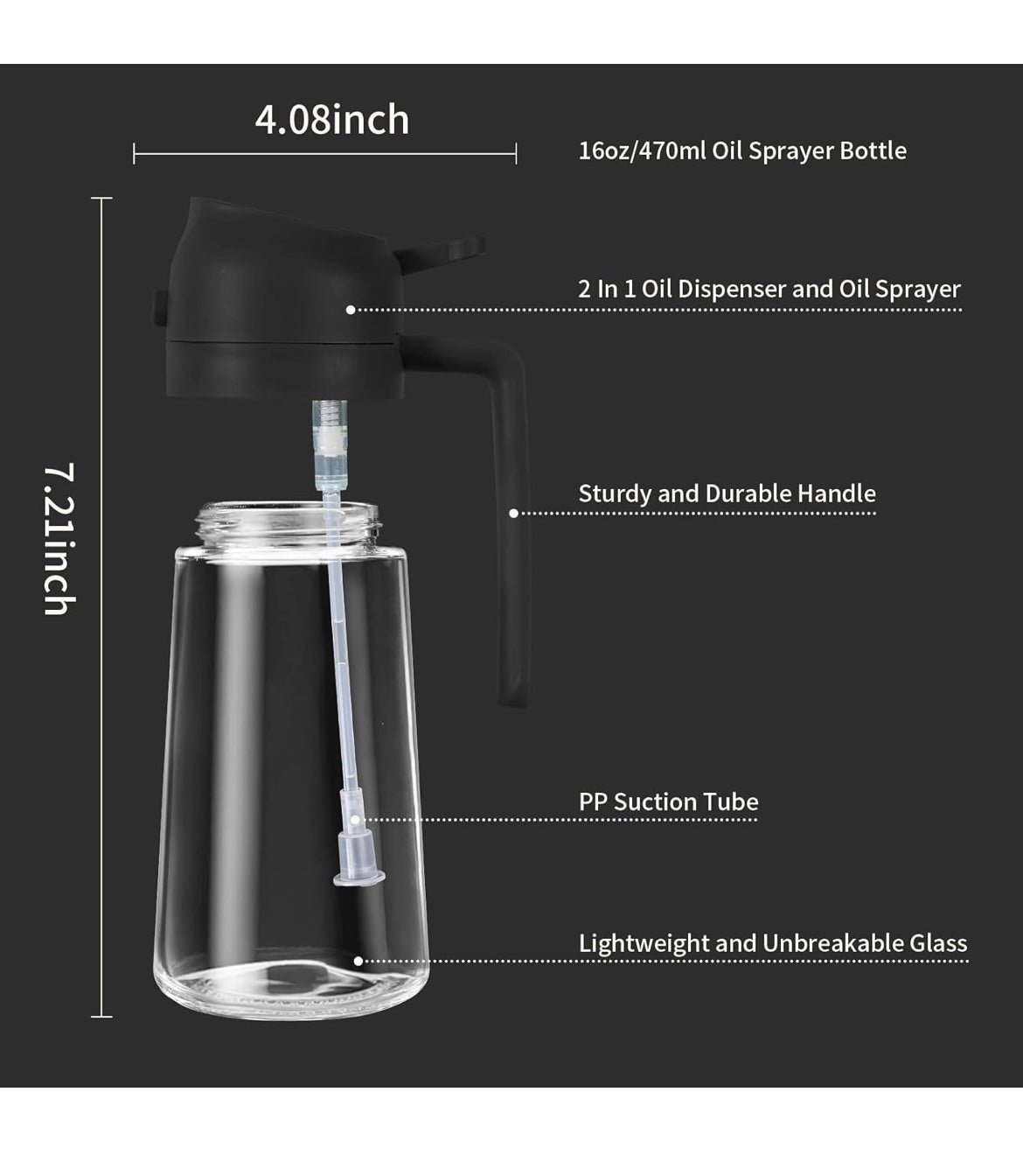 Glass Oil Sprayer and Dispenser Bottle, 500ml Capacity, 2-in-1 Design, Black
